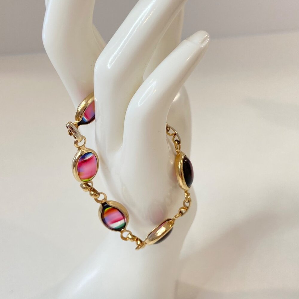 Sarah Coventry Gold-Tone Bracelet With Oval Rainbow Glass Cabochons & Safety Cha
